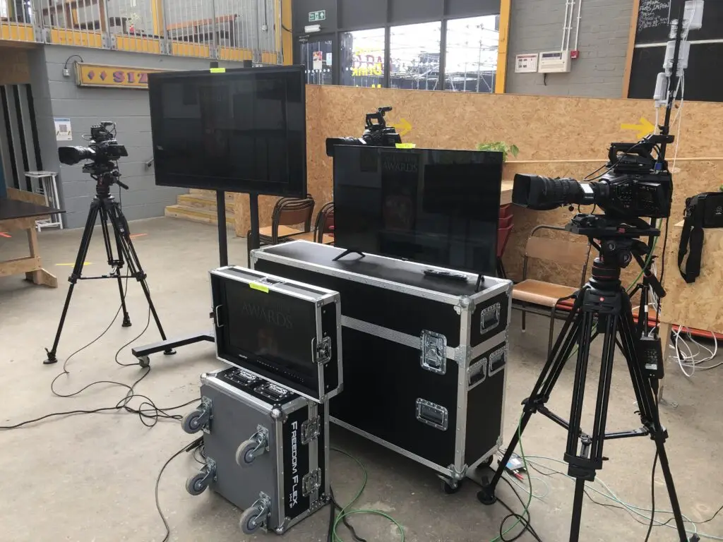 Multi-camera live streaming setup with a vision mixer and operators